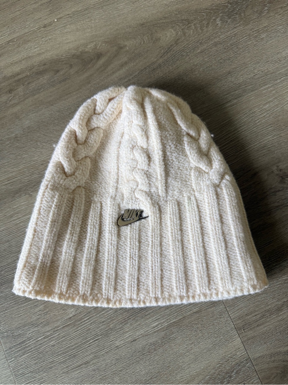 Nike Women’s Ivory Cable Knit Beanie with Metal Logo